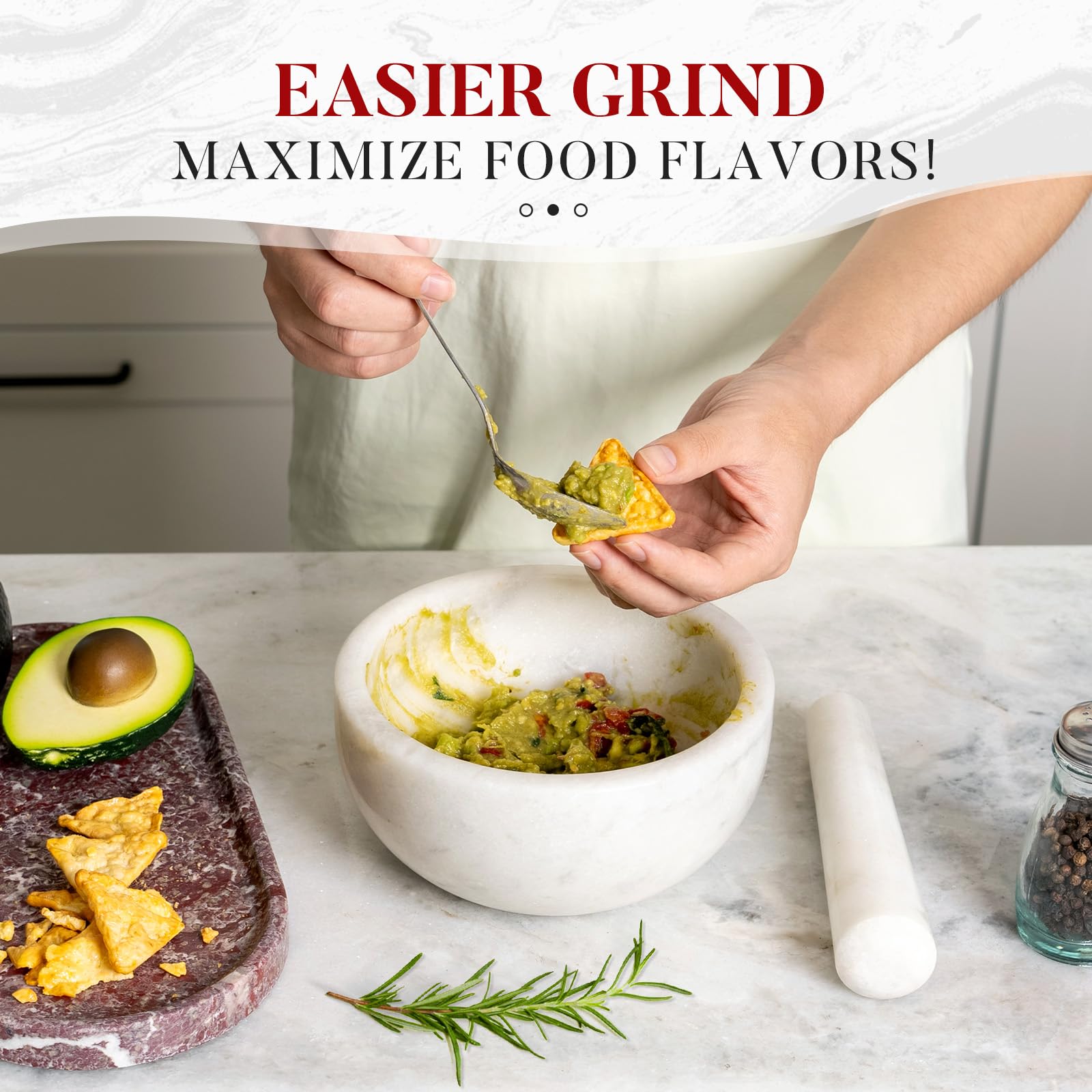 Koville mortar and pestle guacamole use demonstrates fresh texture