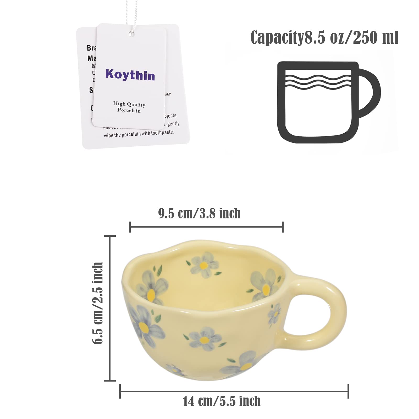 Koythin blue flower mug, side view, enhances tea breaks with its comfortable grip.