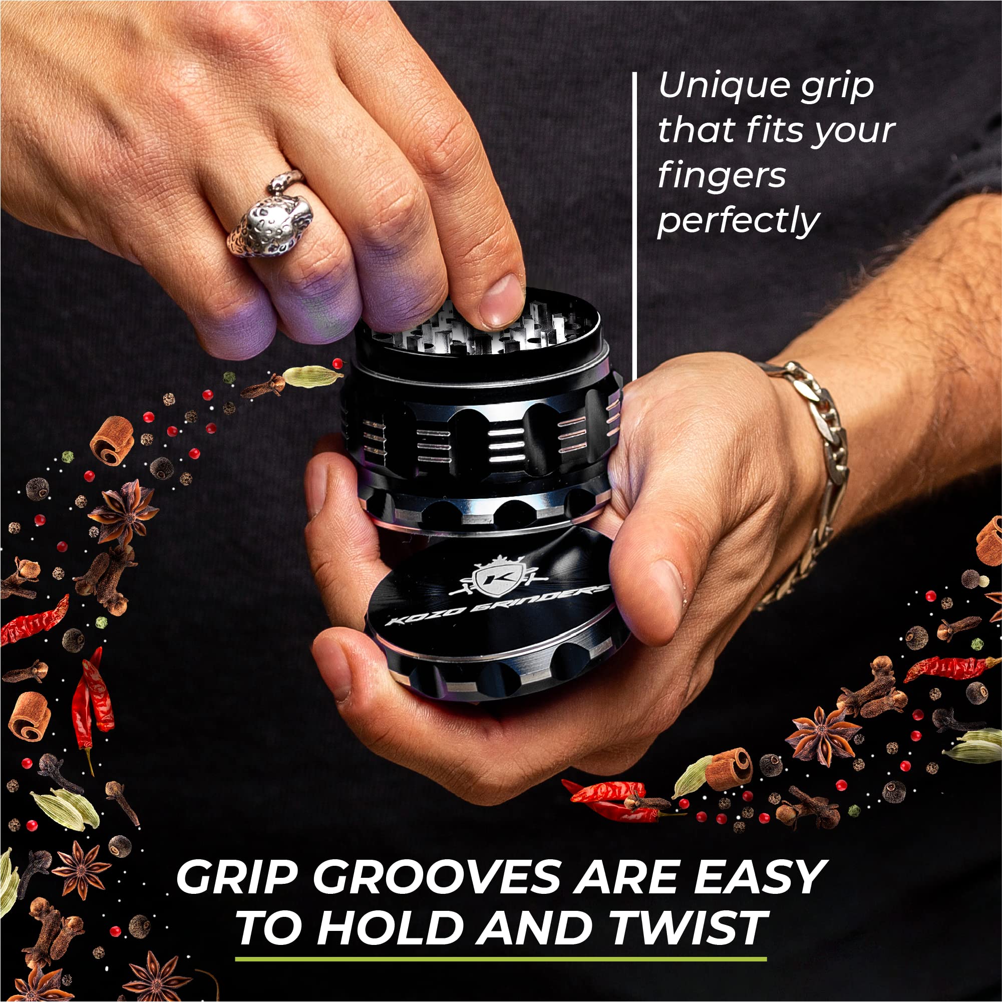 KOZO grinder shown in compact design for easy storage.