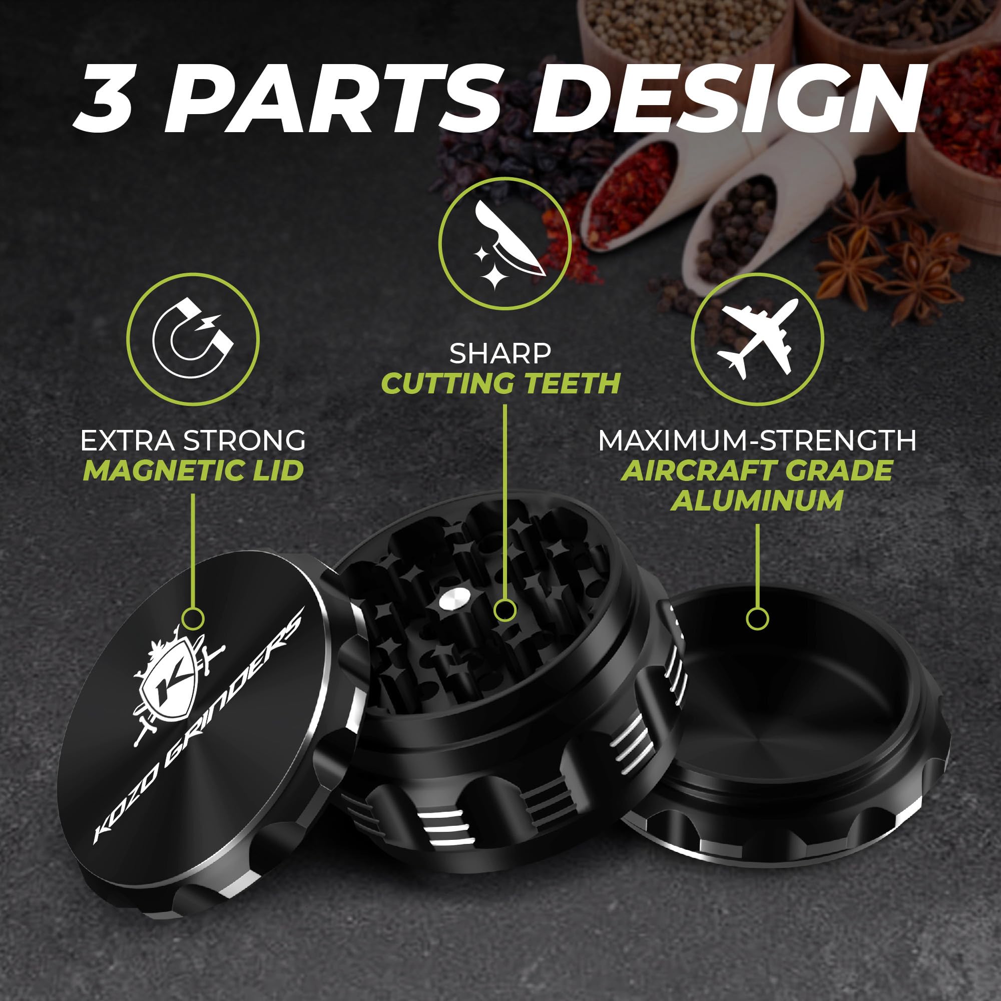 KOZO 2.5 inch grinder holds large spice batches at once.