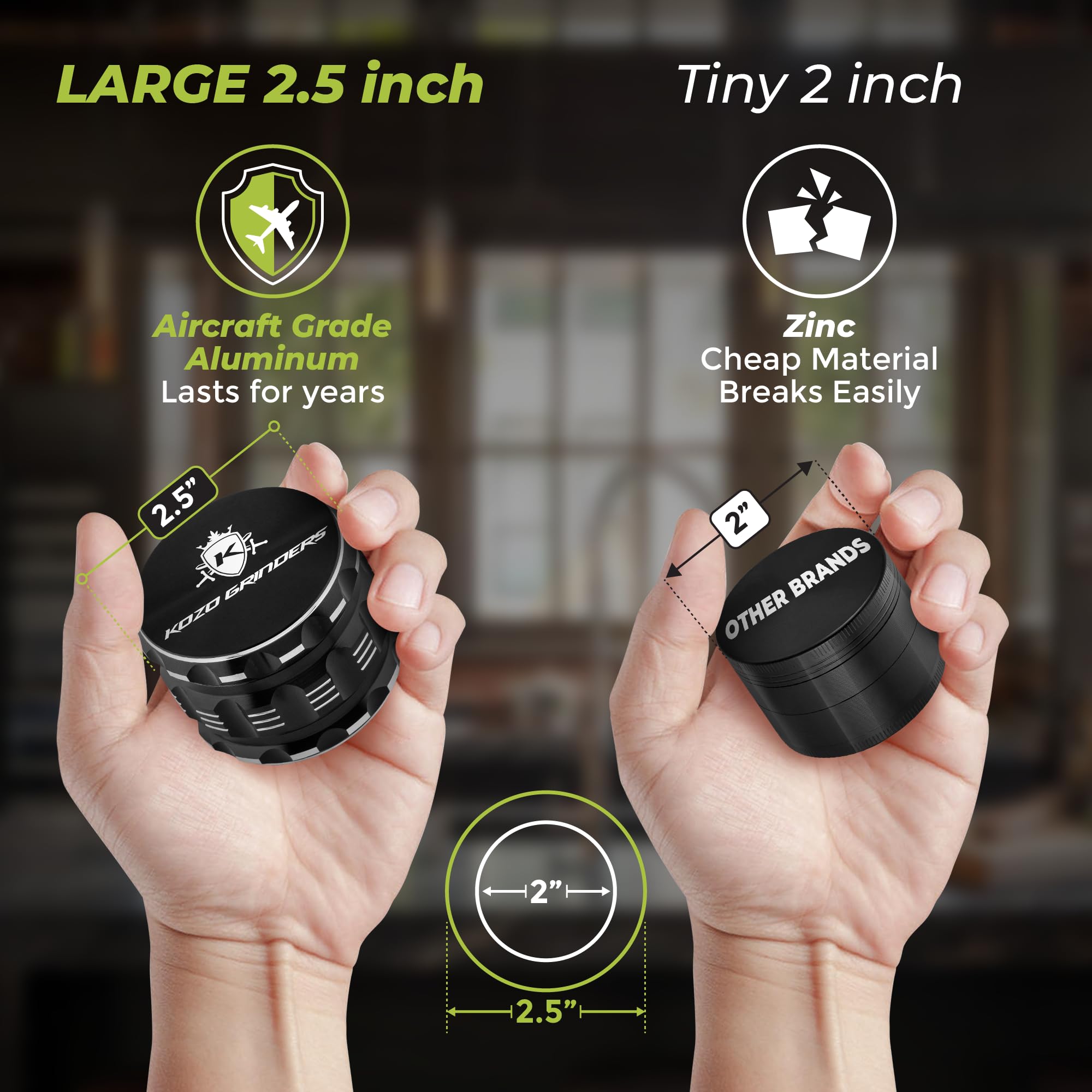 KOZO aluminum black grinder with sharp teeth for consistent grinding.
