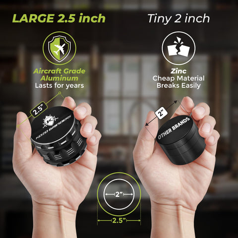 KOZO aluminum black grinder with sharp teeth for consistent grinding.