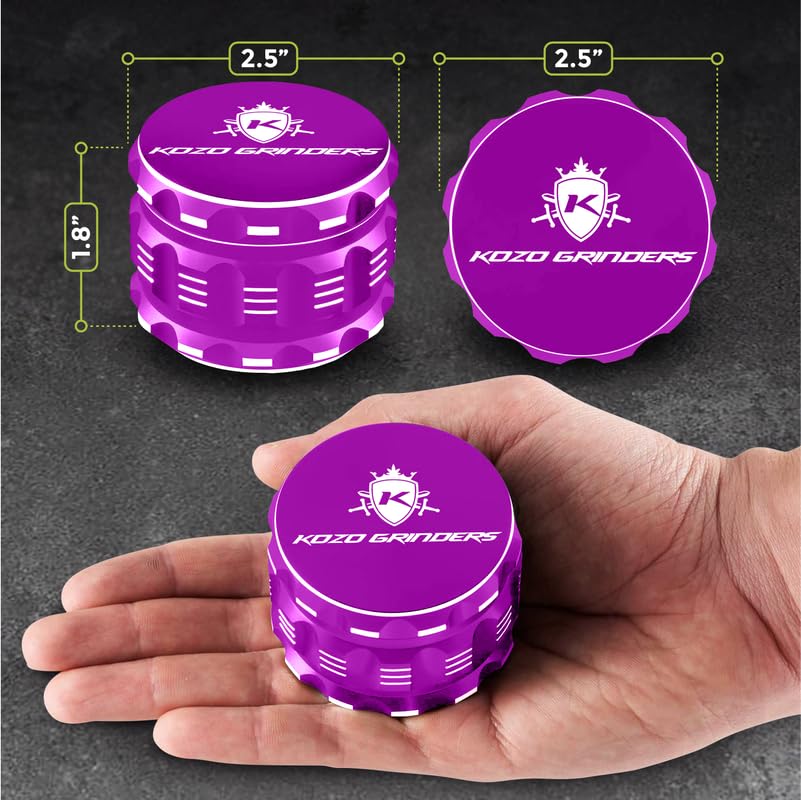 KOZO purple grinder holds large amounts, reducing reloads during prep.