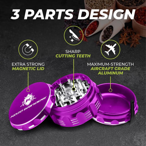 KOZO 2.5-inch grinder teeth close-up emphasizes sharp blades for efficient grinding.
