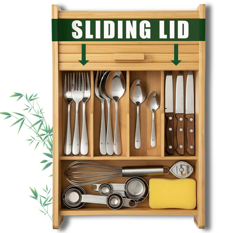 KozyKoala & Co. bamboo drawer organizer with sliding lid organizing utensils.