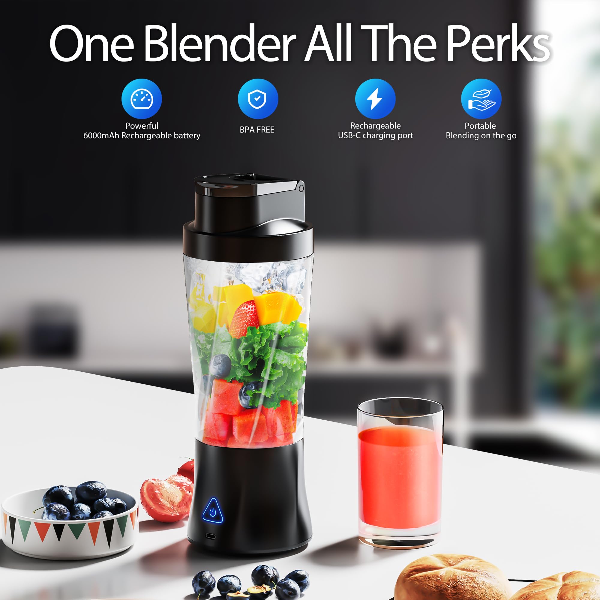 KPMARE USB-C rechargeable blender offers flexible charging for car, desk, or outdoor blending.
