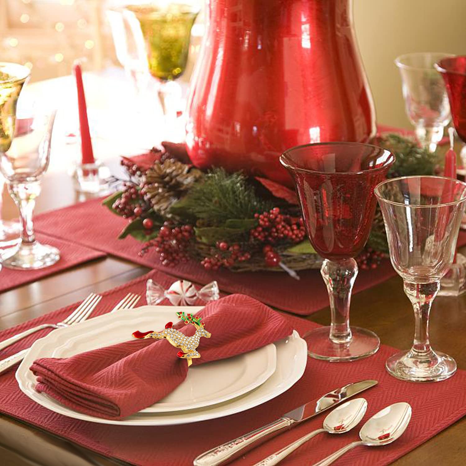 KPOSIYA napkin ring set on table highlights coordinated holiday décor.