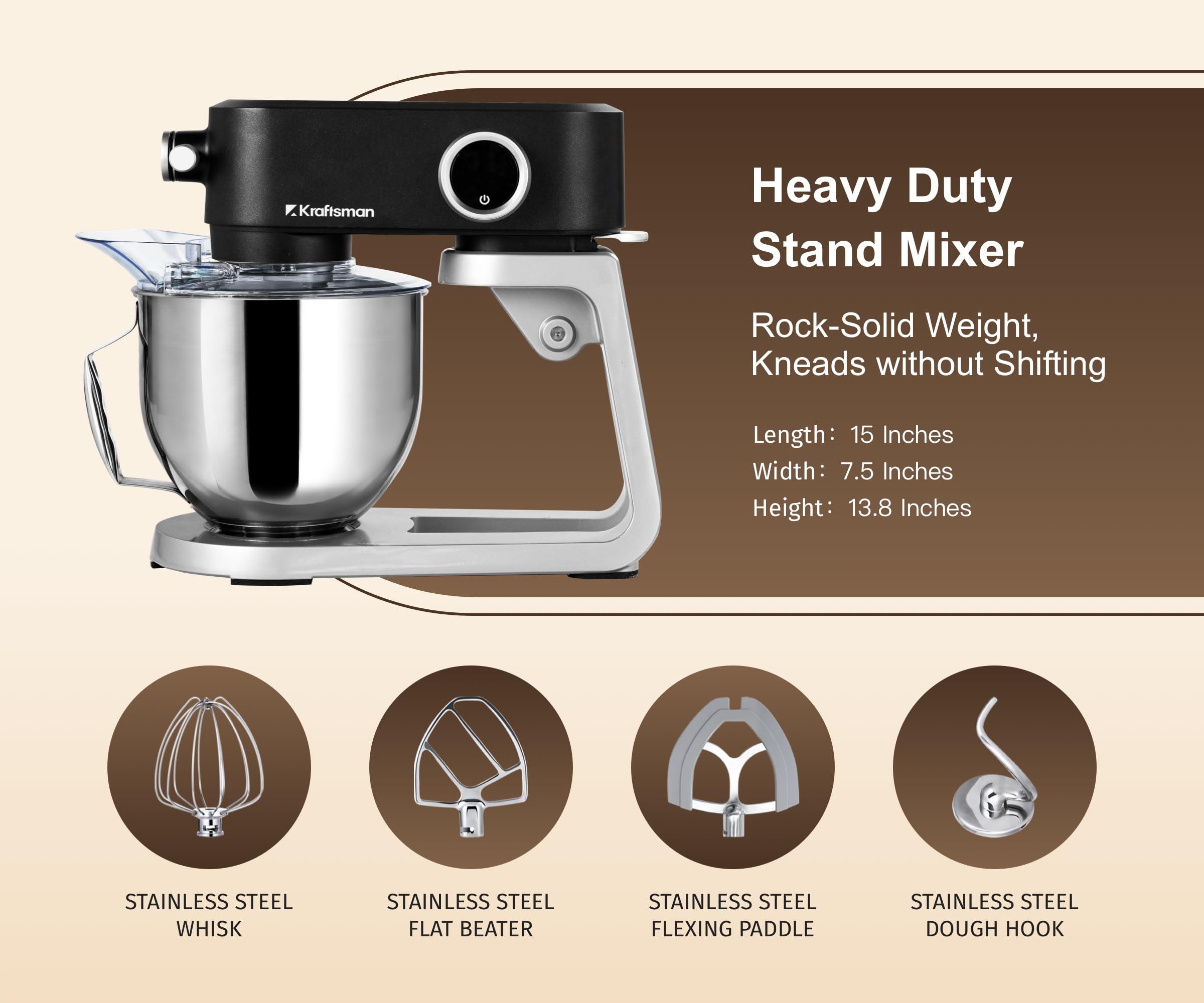 Kraftsman tilt-head design with splash guard for easy ingredient addition