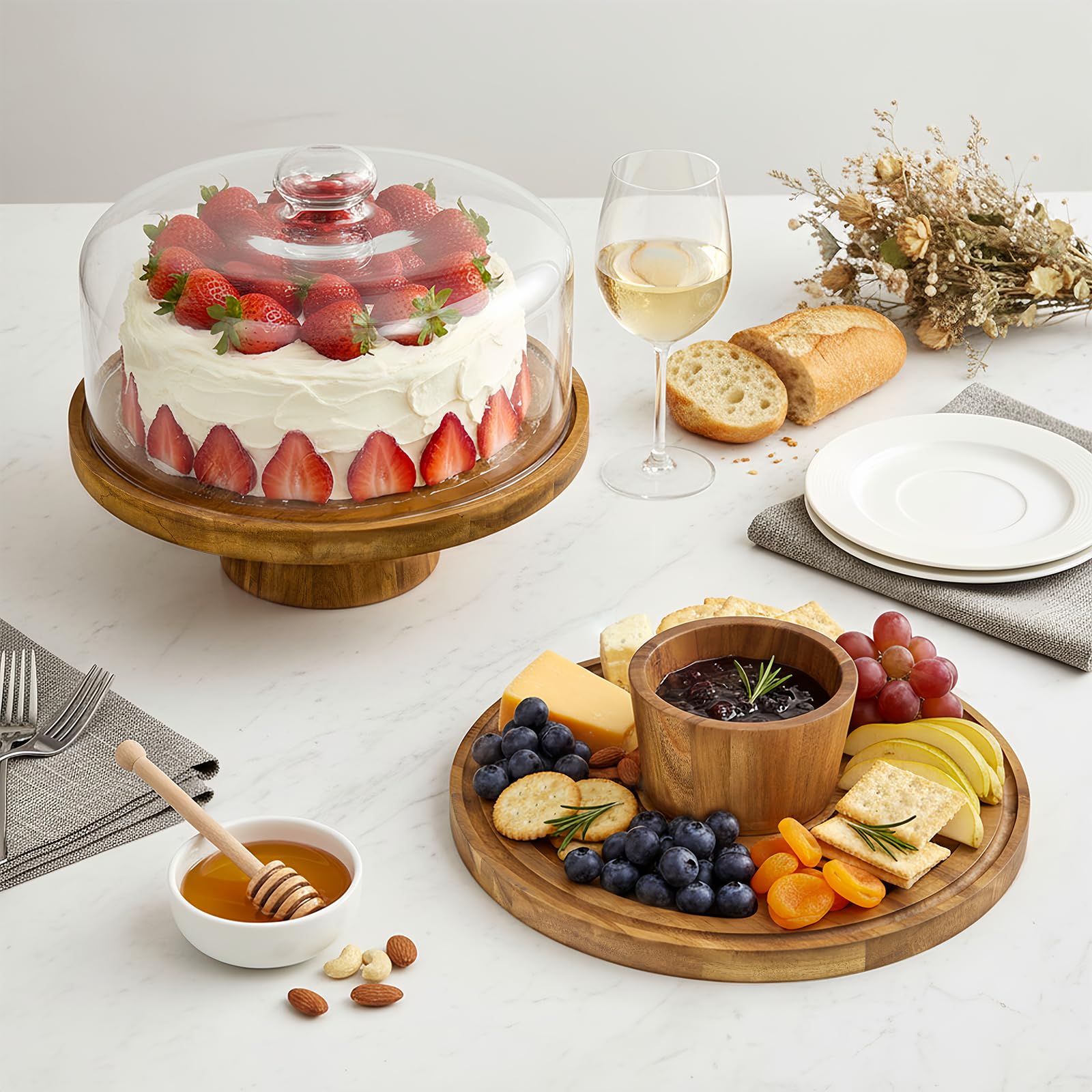 Krbnk includes two extra cake boards for cheeses, fruits, or desserts.