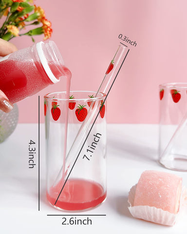 Kreapa strawberry-pattern glass 300ml highlights clear view for ice water or tea.