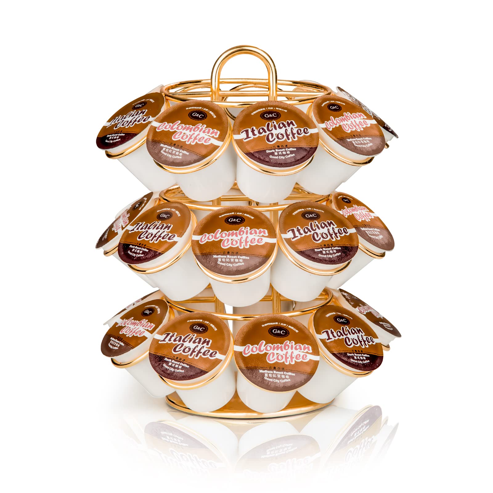 KREWEY coffee pod holder 3-tier gold displaying 27 pods for easy access.