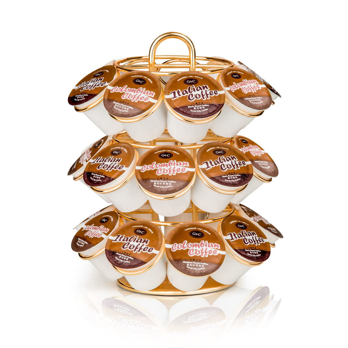 KREWEY coffee pod holder 3-tier gold displaying 27 pods for easy access.