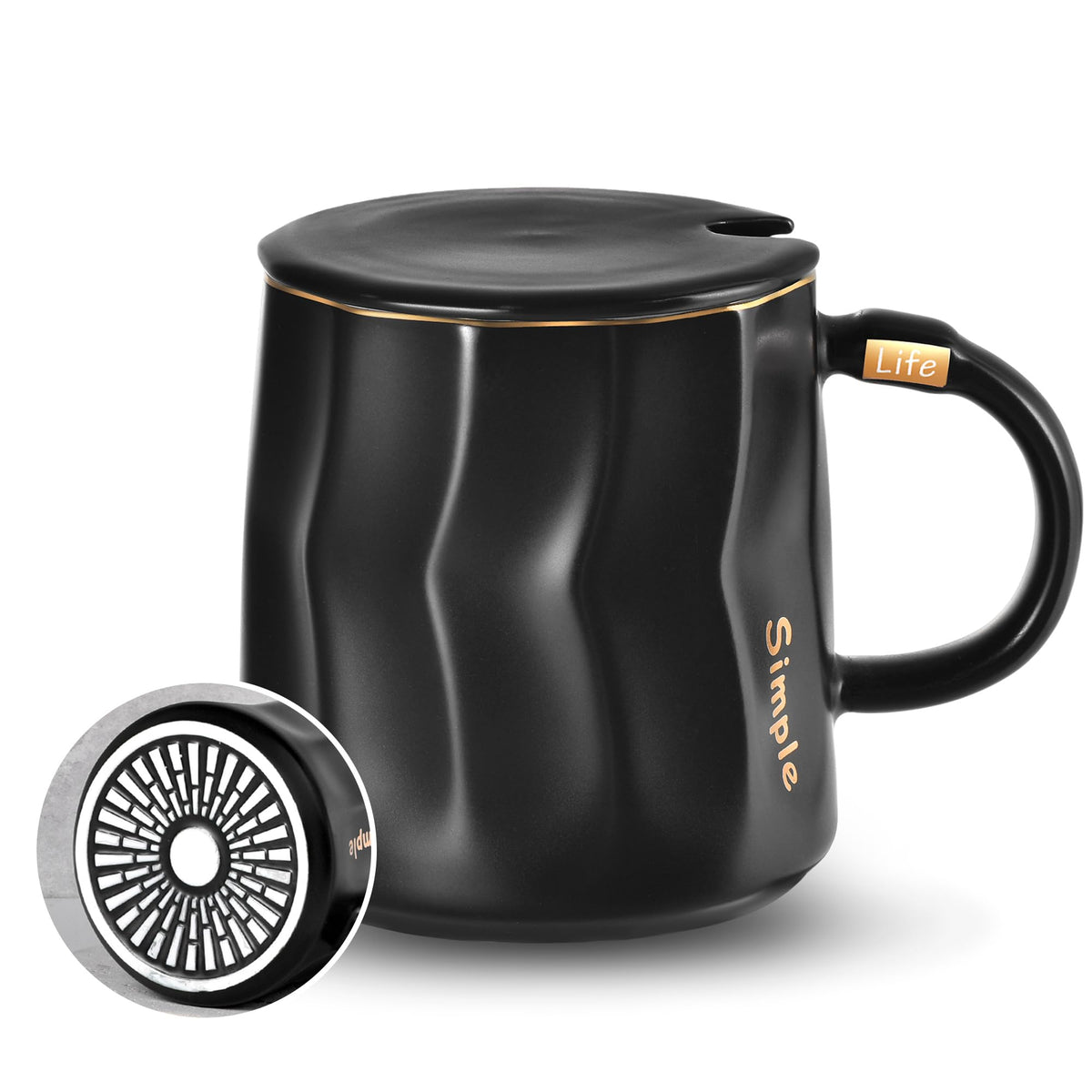 KRGMNHR flat-bottom mug with lid in black for even heating at home or office