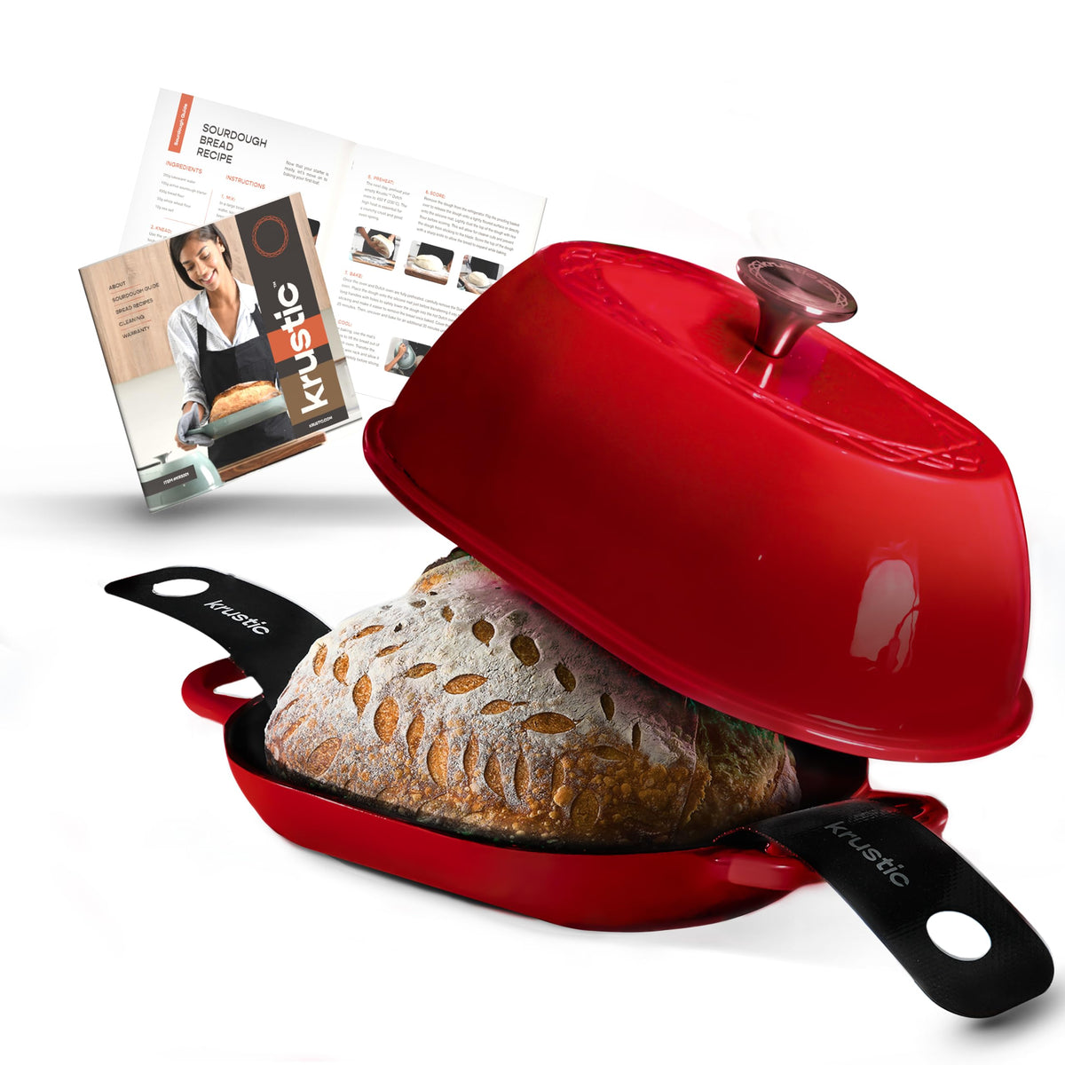 Krustic enameled cast iron Dutch oven in red with dome lid for even crust.