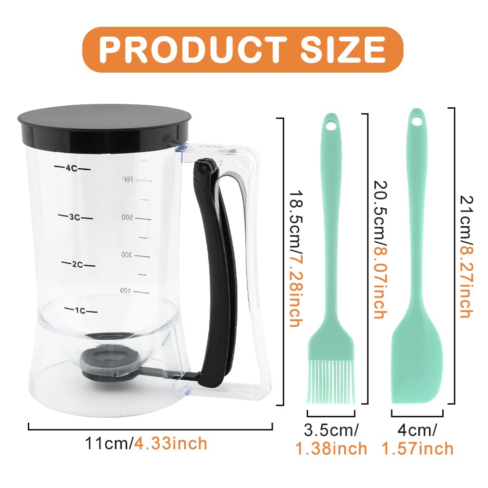 Kryslanix batter dispenser with squeeze handle for controlled pouring.