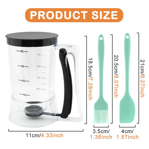 Kryslanix batter dispenser with squeeze handle for controlled pouring.