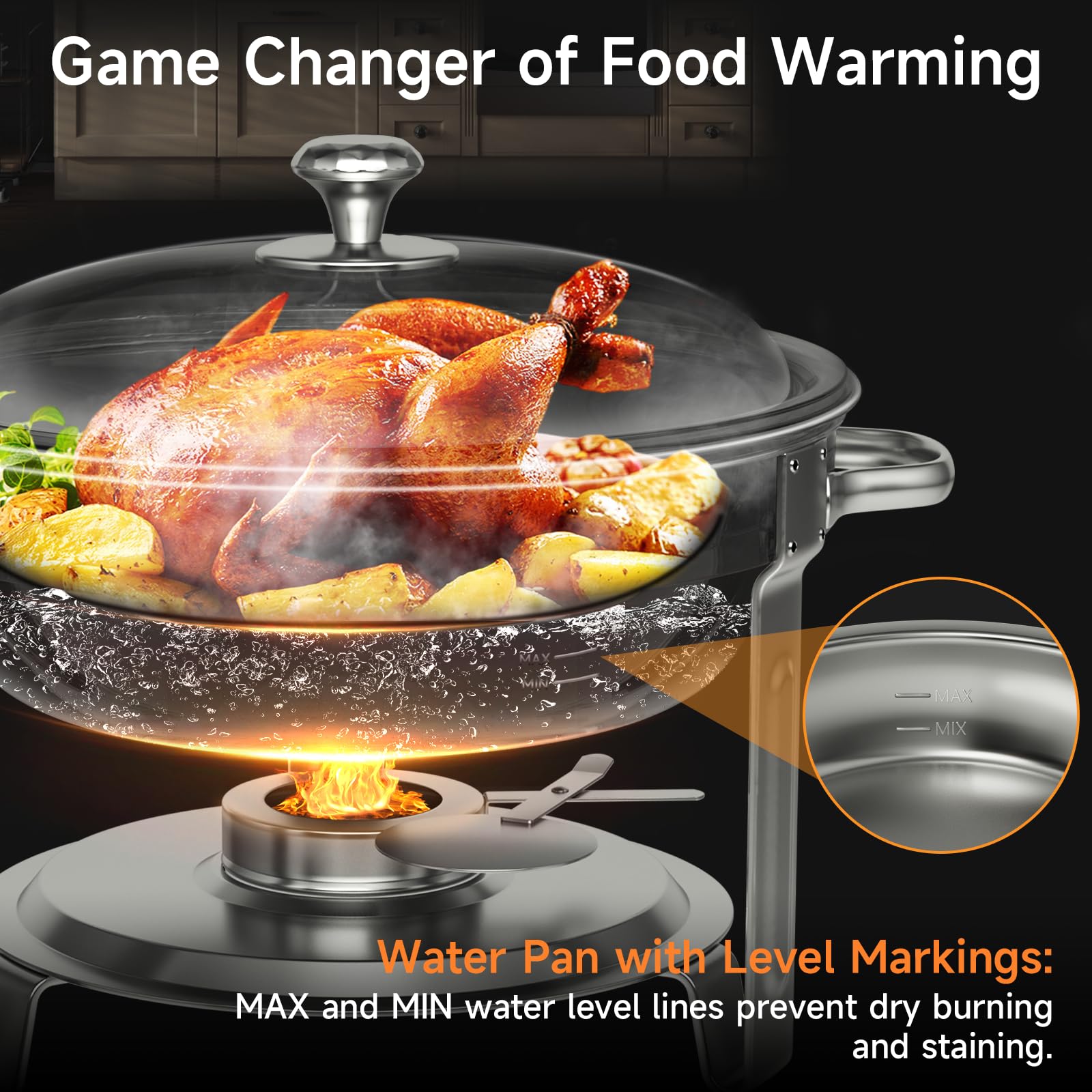 KScocina chafing dish lid-fit demonstrates secure placement for stable serving.