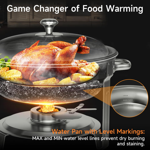 KScocina chafing dish lid-fit demonstrates secure placement for stable serving.