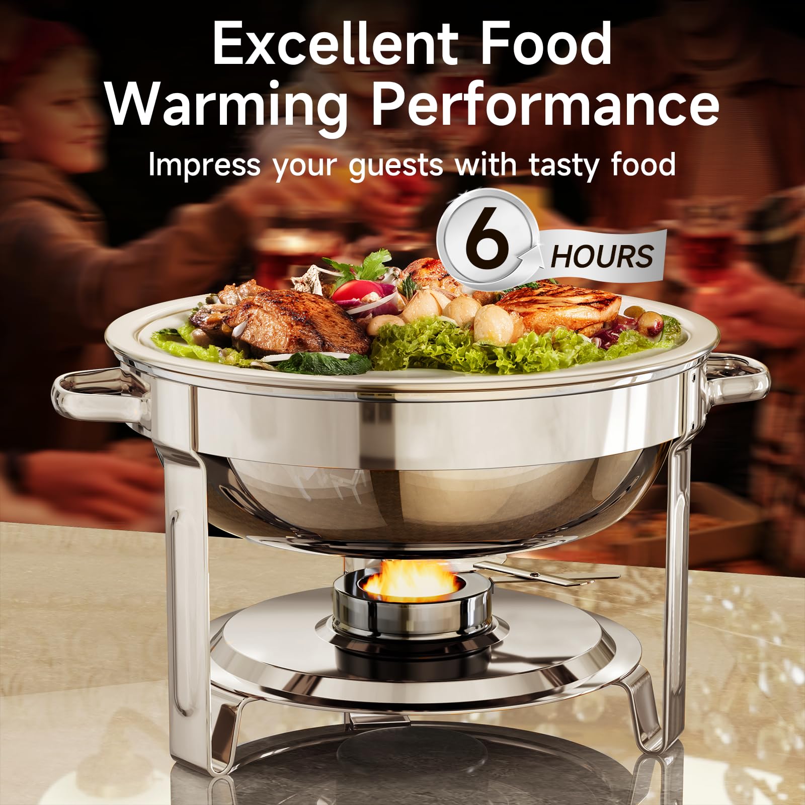 KScocina chafing dish water basin highlights clear marks for consistent warmth.