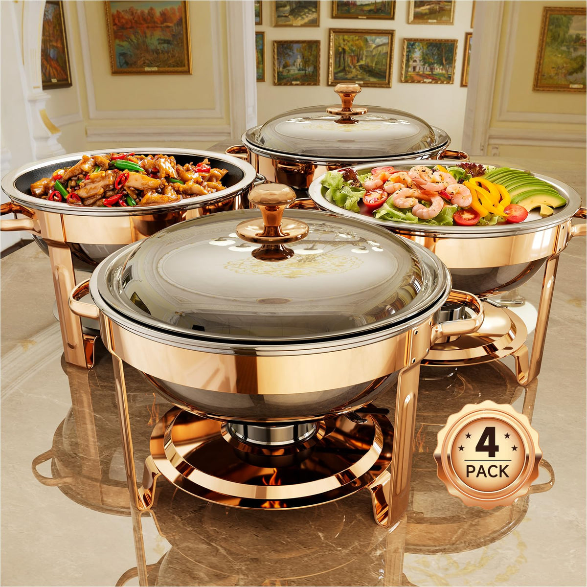 KScocina rose gold 4-pack chafing dishes for stylish party service and warmth.