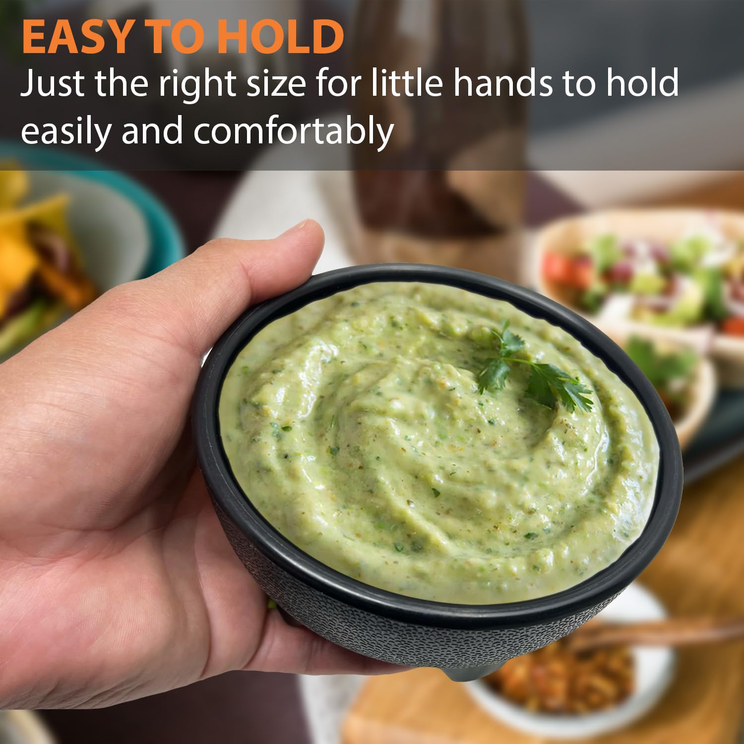KSEV Salsa Bowls serving guacamole and salsa for entertaining.