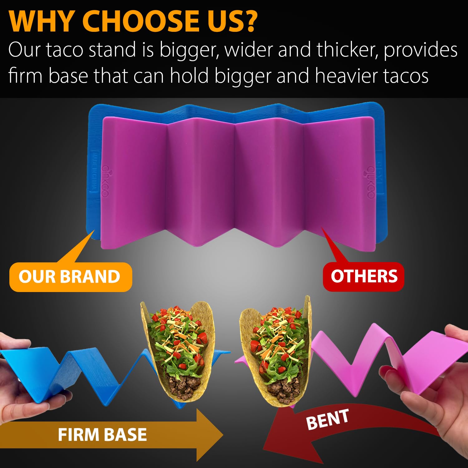 KSEV upright taco stand enhances filling and presentation at meals.