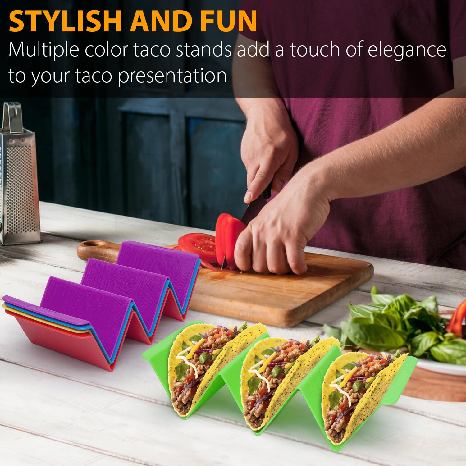 KSEV colorful taco holders help differentiate ingredients during parties.