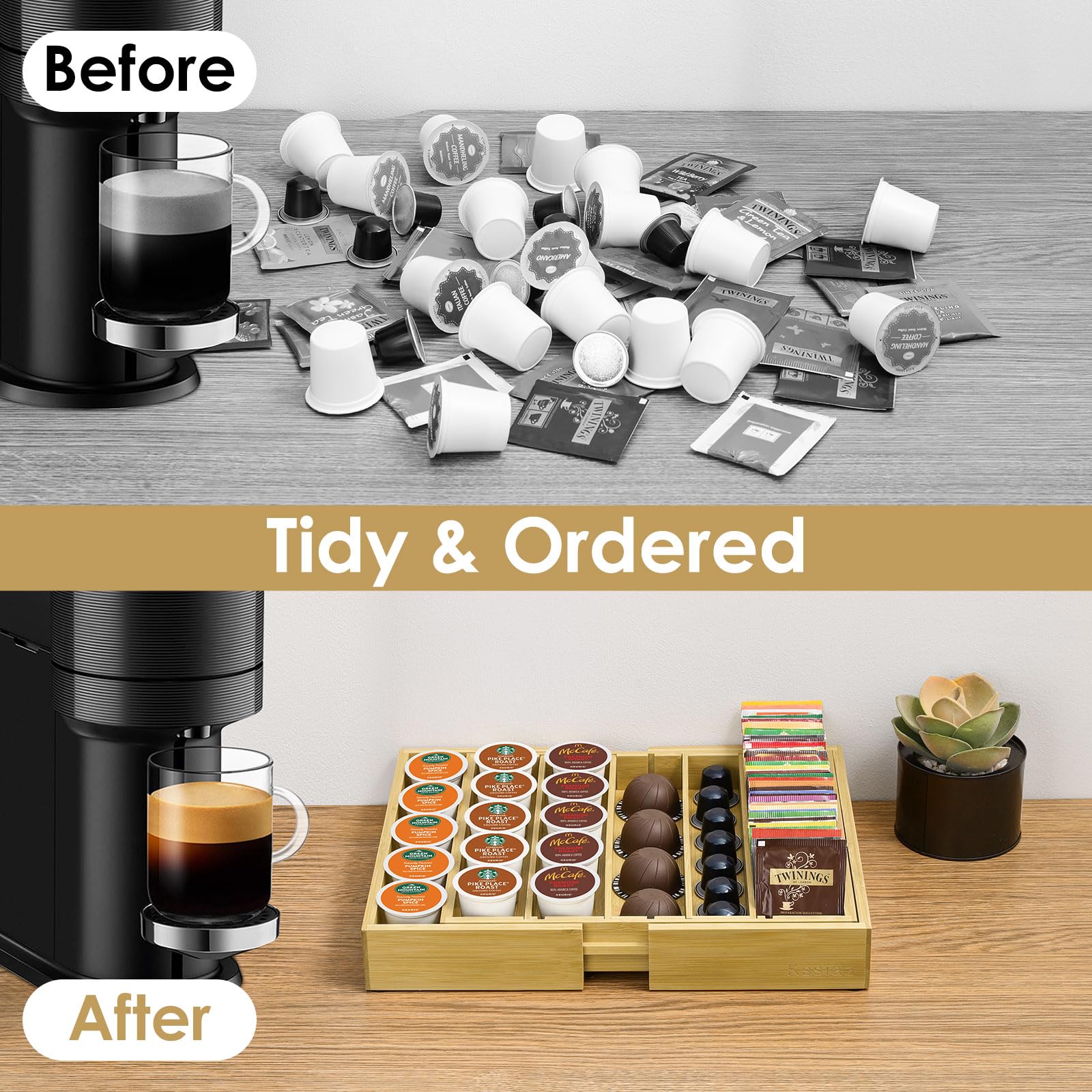 Kssiaz bamboo drawer organizer with a natural finish on the counter