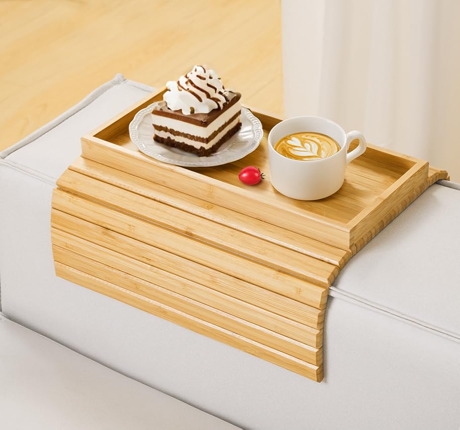 Kssiaz couch arm tray in natural bamboo material adds warmth to any living room.