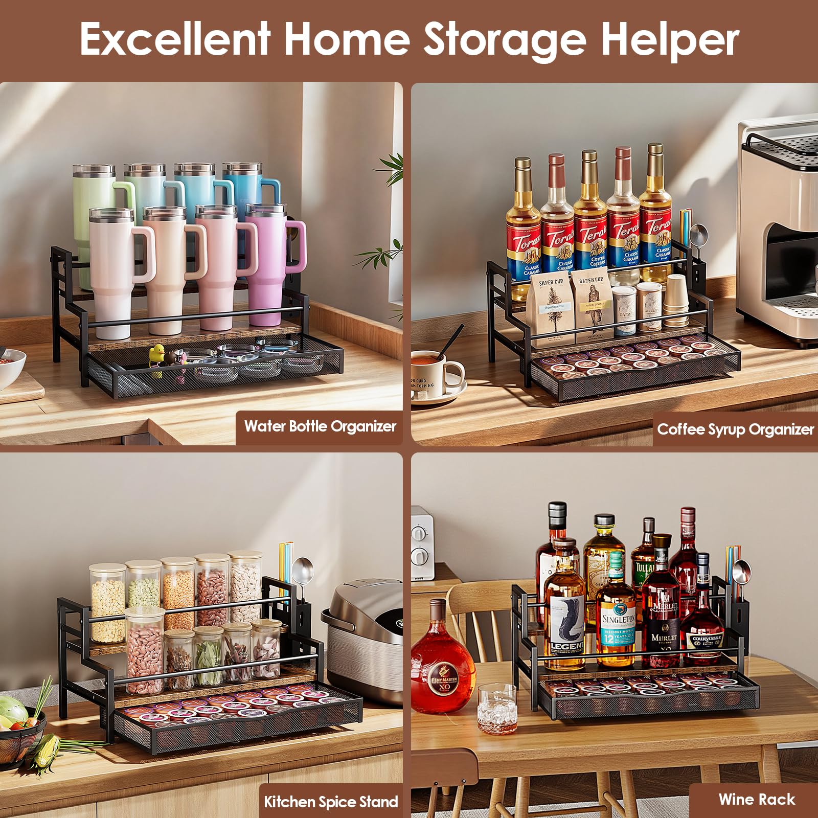 Kssiaz 8-cup capacity rack doubles as spice or syrup bottle storage