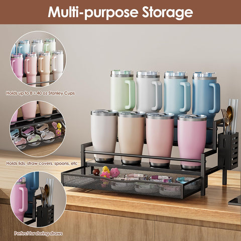 Kssiaz pull-out basket and side box store lids, straws, and accessories neatly.