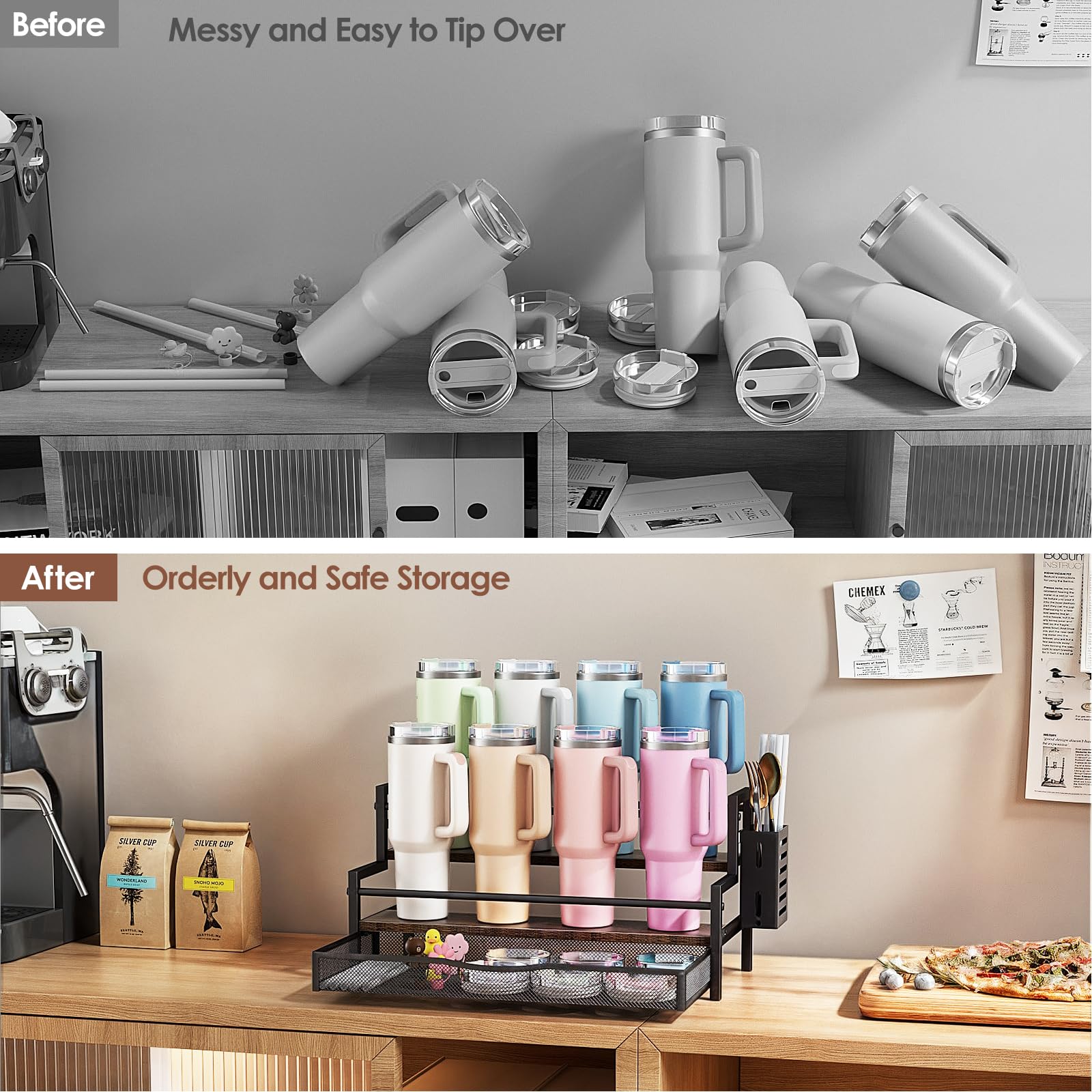 Kssiaz 2-tier stand keeps cups organized on kitchen counter