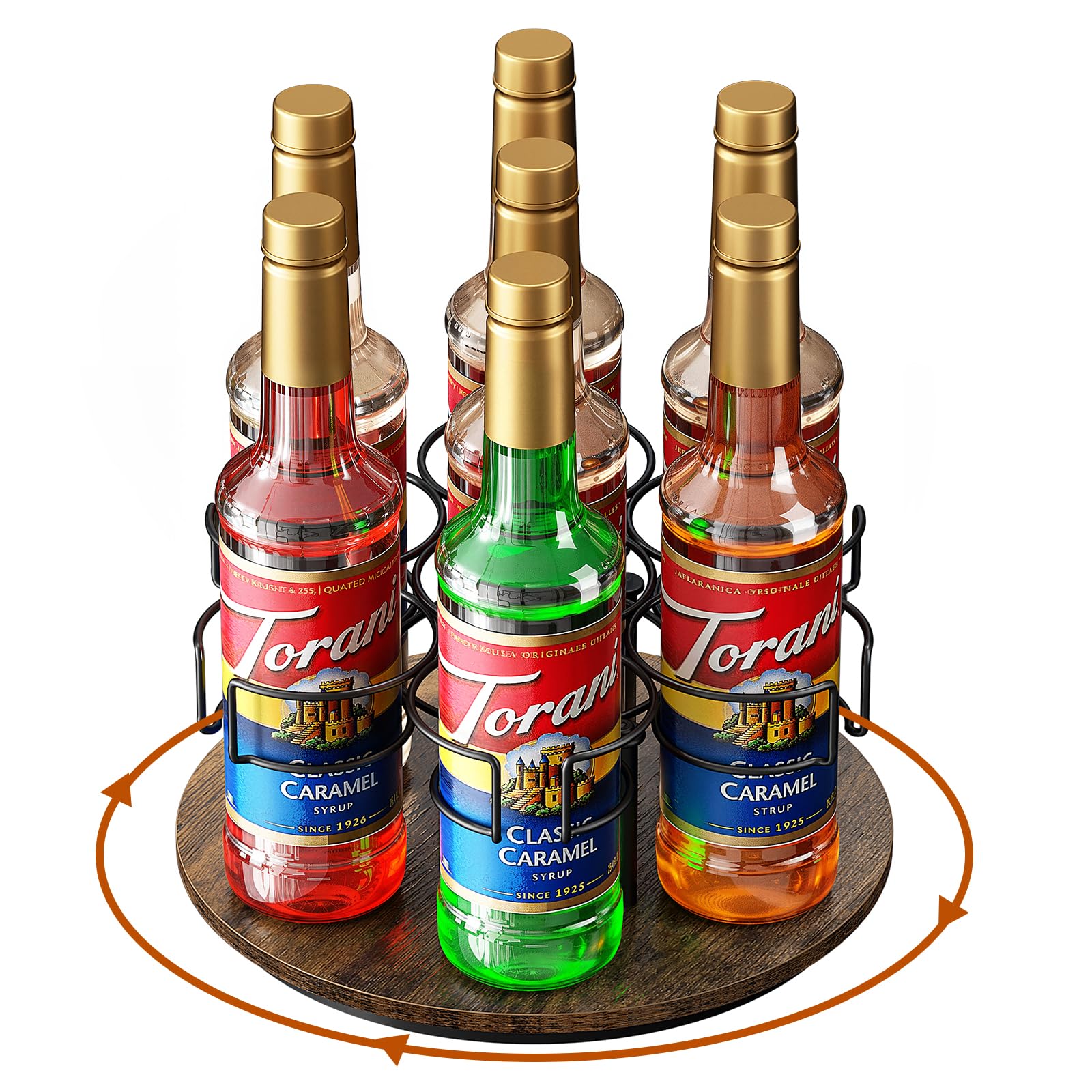 Kssiaz rotating syrup organizer with seven bottles keeps syrups organized and accessible.