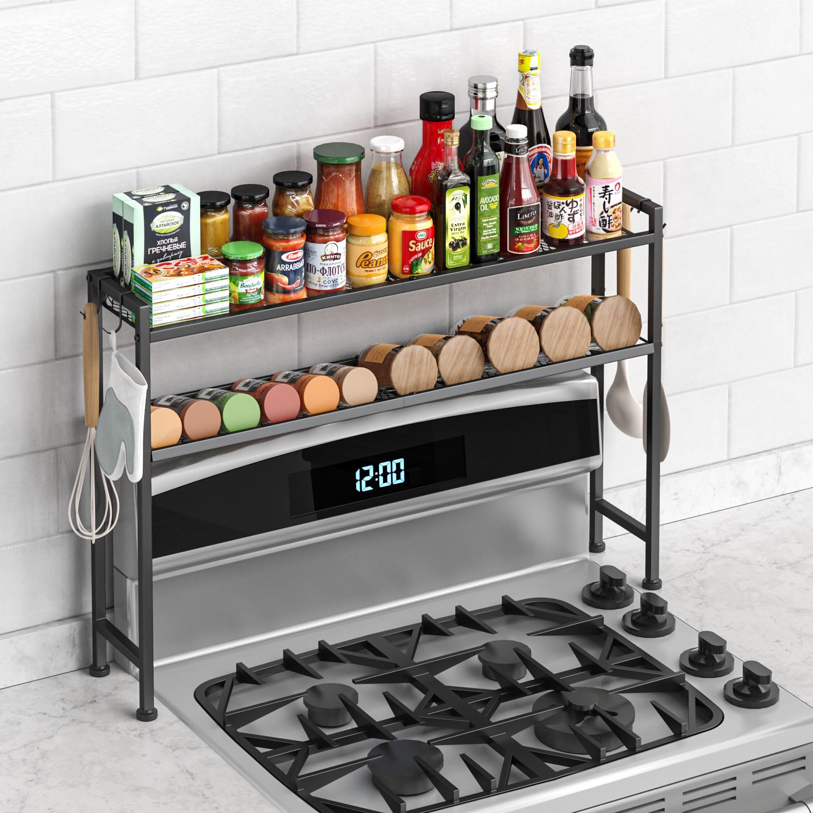 Kssiaz stovetop shelf two-tier design keeps spices organized and within easy reach.