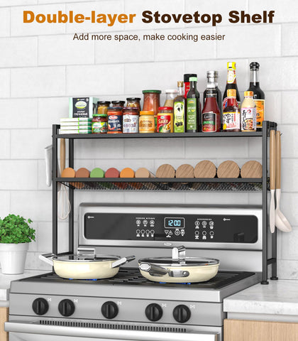 Kssiaz black finish adds a sleek, space-saving organizer to any stove area.