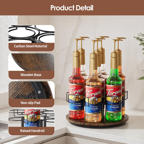 Kssiaz syrup bottle holder keeps bottles upright and steady on the counter.