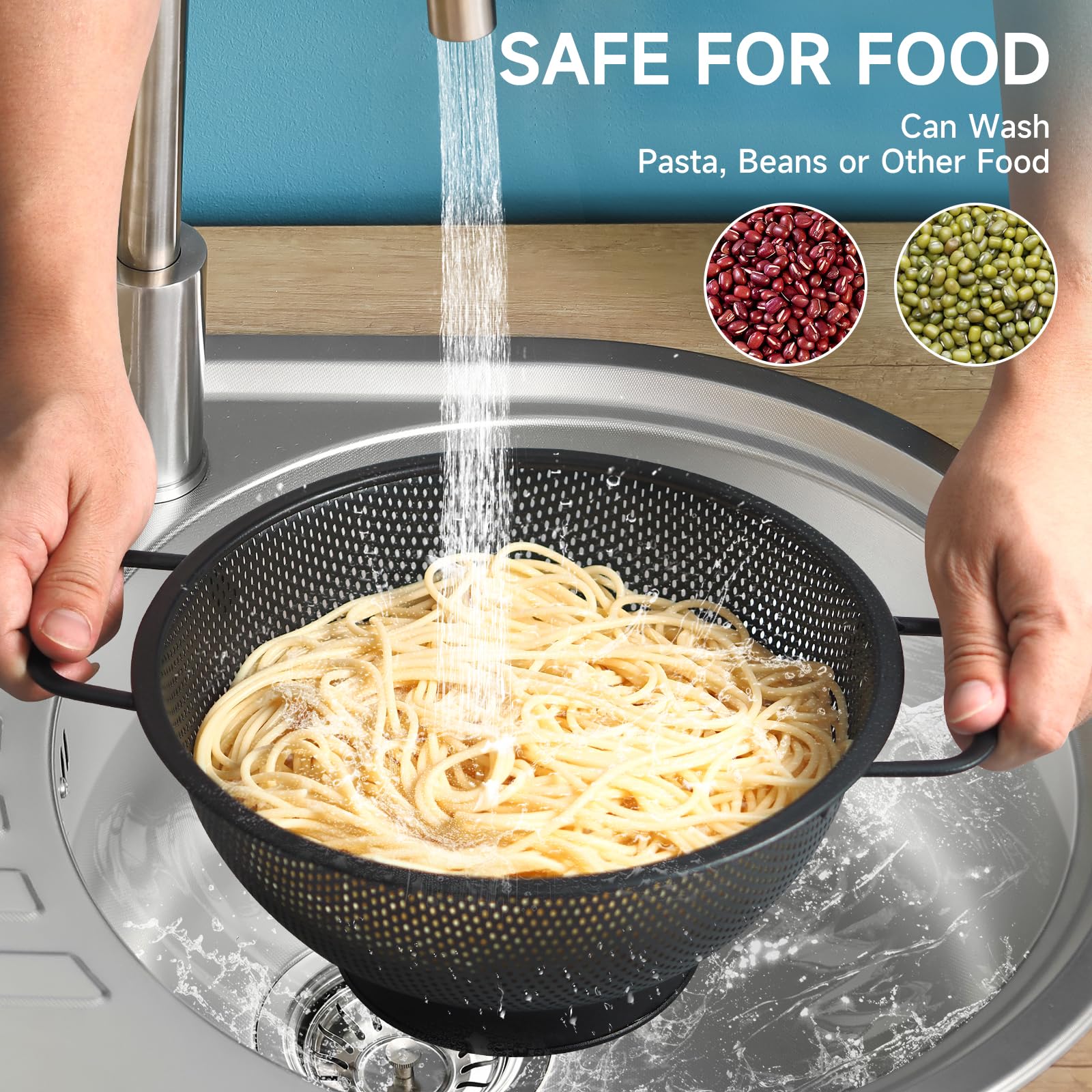 Kteniy footed colander design drains quickly while resting over the sink.