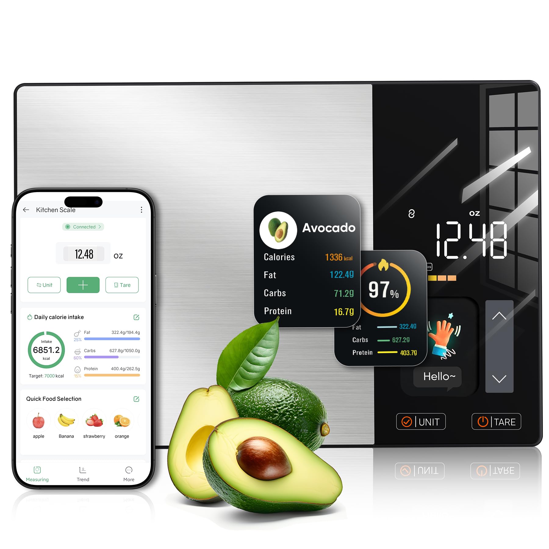KUAIVO smart scale with TFT display shows calories for quick meal prep.