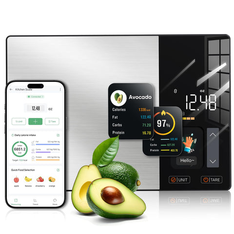 KUAIVO smart scale with TFT display shows calories for quick meal prep.