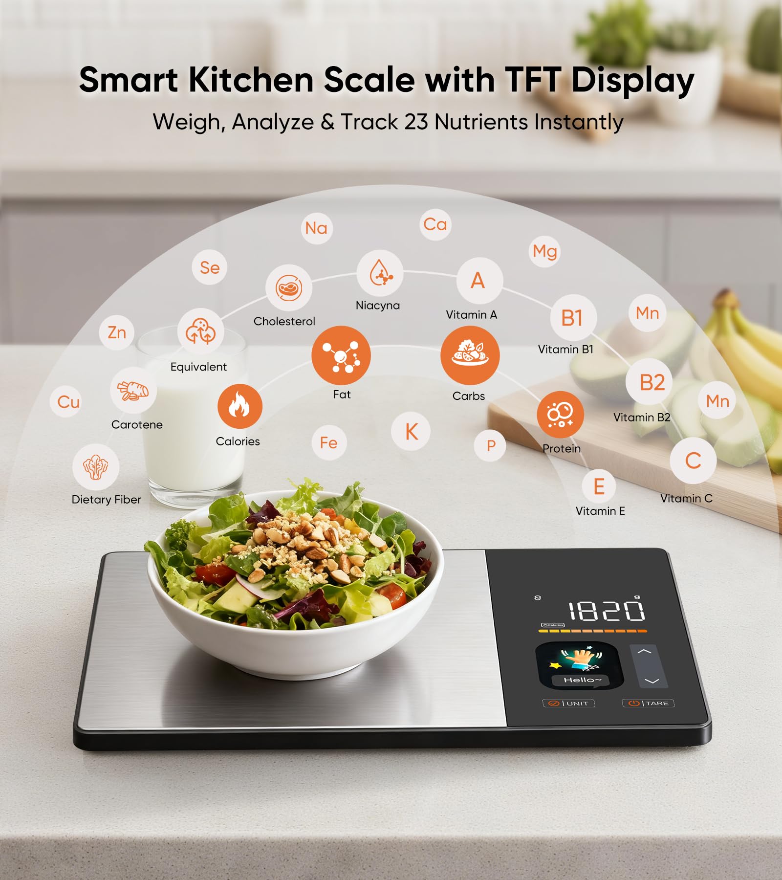 KUAIVO scale paired with app to monitor daily intake and progress.