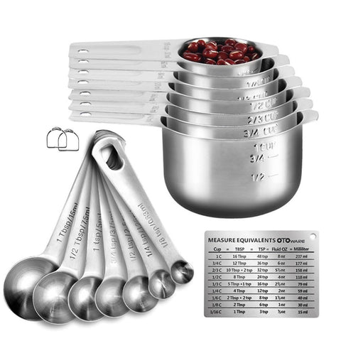 KUBEMUEG 17-piece measuring cups and spoons set shown from the front angle for quick measuring.