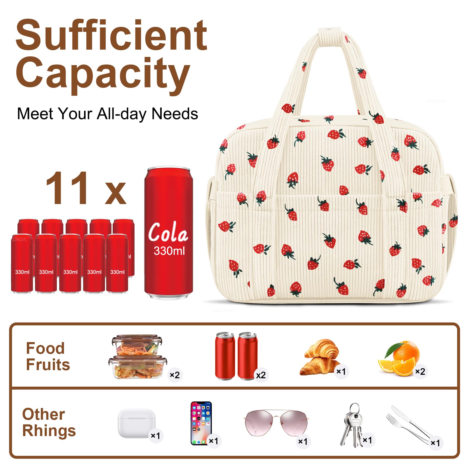 KUBYA corduroy lunch bag, two sizes shown, supports varied meal needs