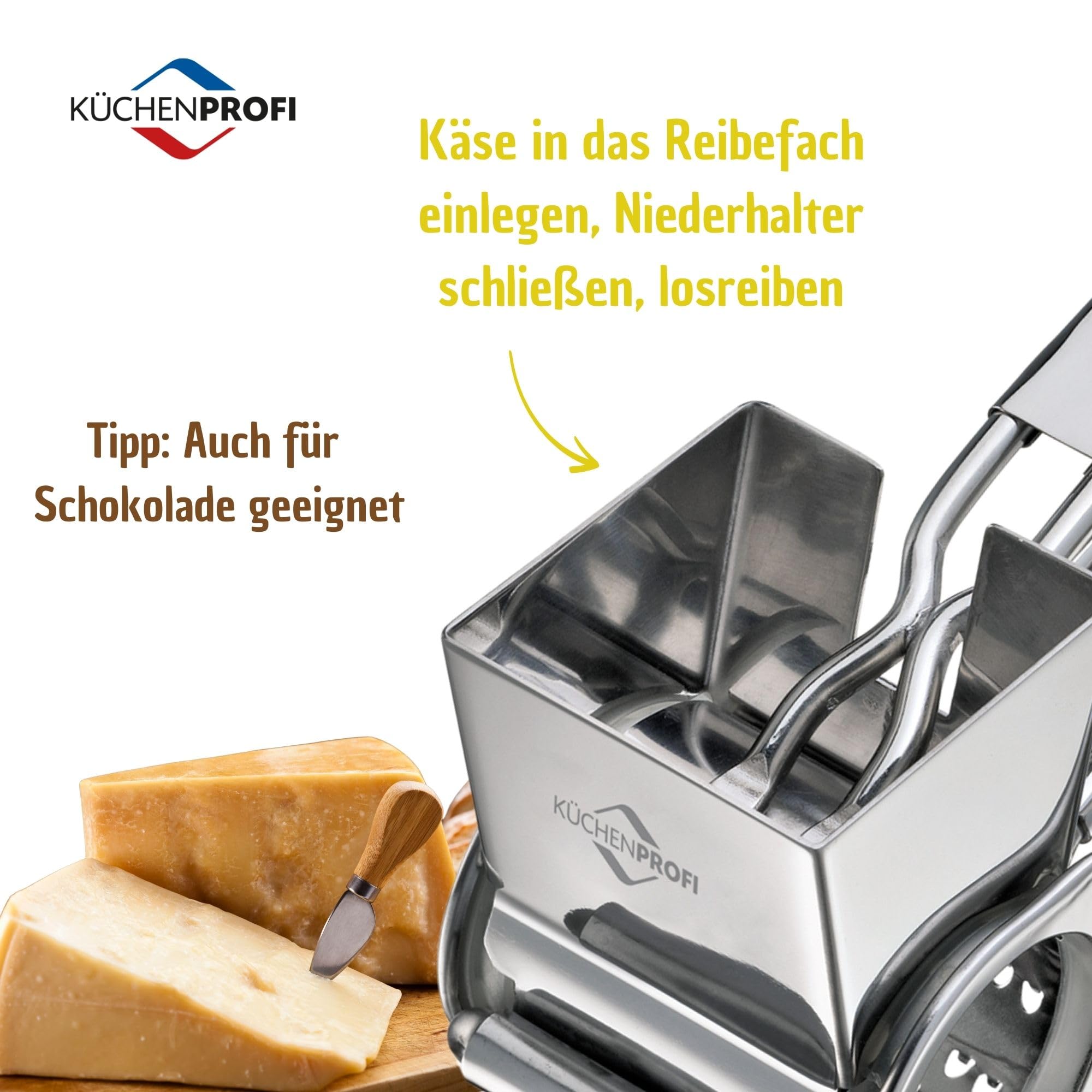 Küchenprofi metal hand crank cheese grater for pizza toppings.