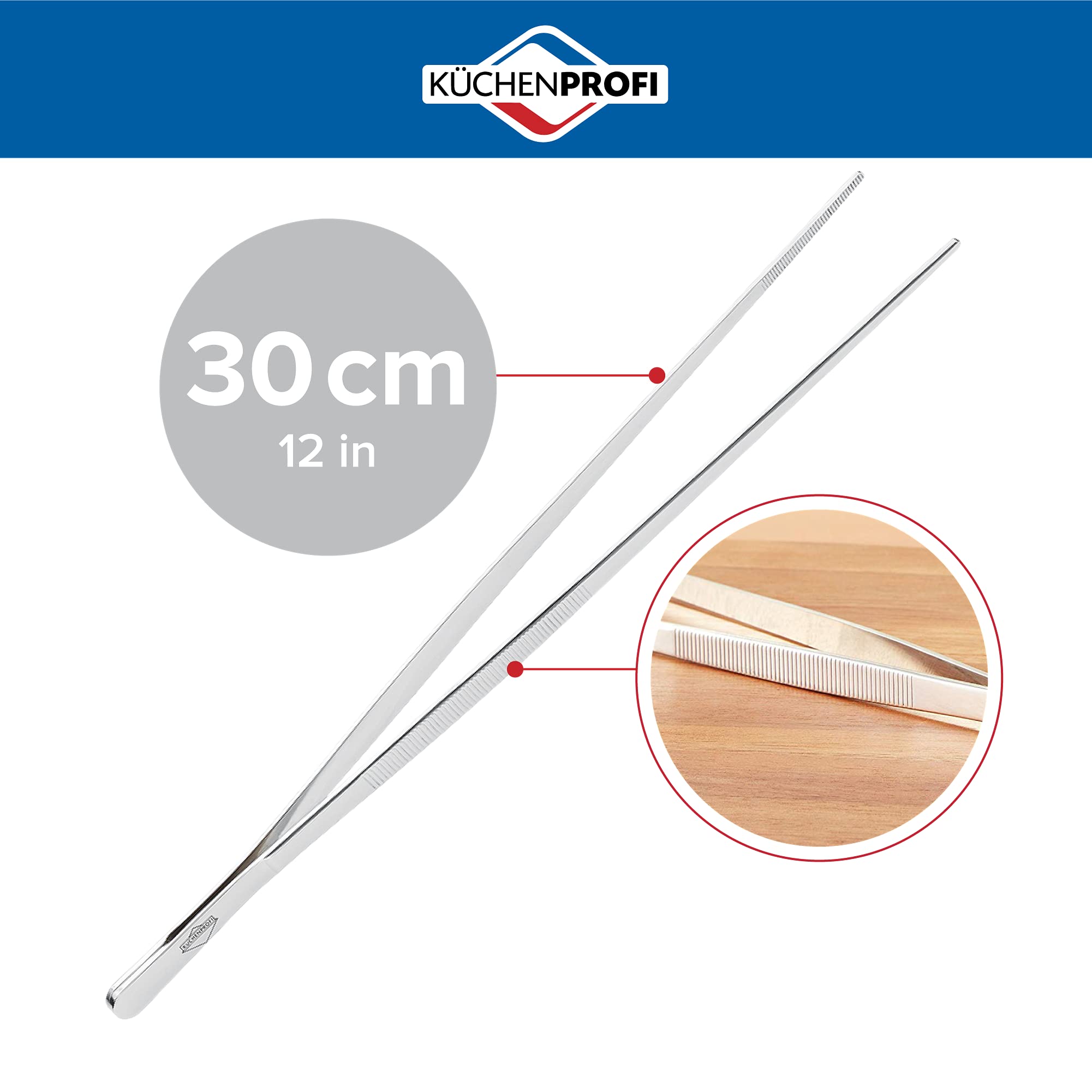 Küchenprofi 12-inch tongs provide precision grip for delicate flipping.