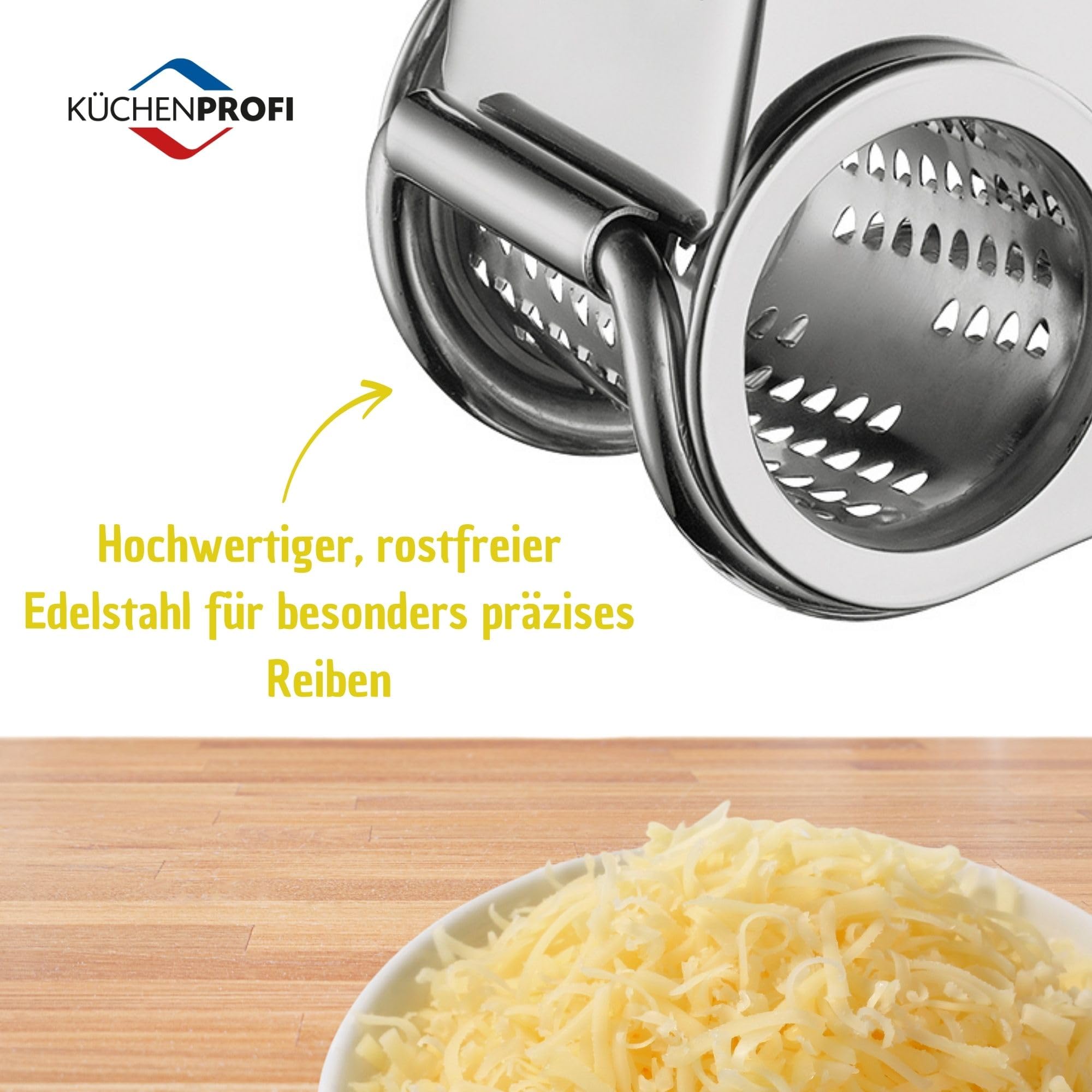 Küchenprofi hand-crank stainless steel grater, easy cleanup after use.