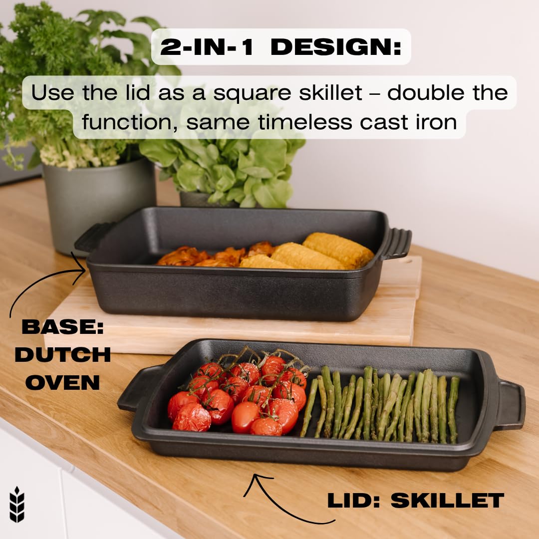 KUHA 2-in-1 square cast iron dutch oven with lid flipped as skillet.
