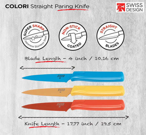 Kuhn Rikon COLORI knife safety sheath in use for safe drawer storage