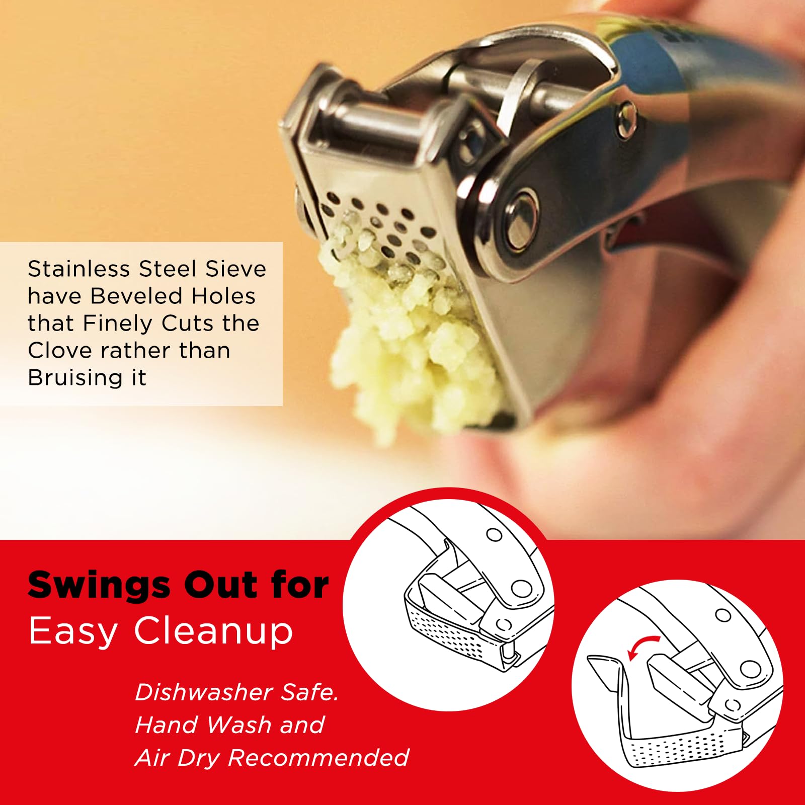 Beveled holes on Kuhn Rikon Epicurean garlic press ensure fine, uniform mince