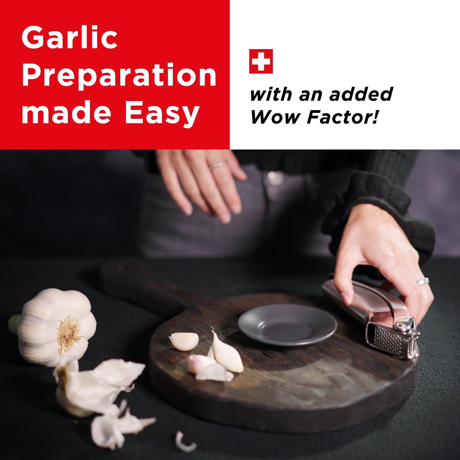 Compact large-hopper design of Kuhn Rikon Epicurean garlic press for busy kitchens