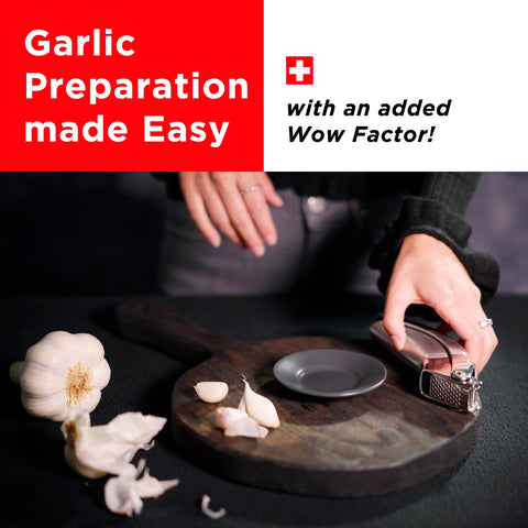Compact large-hopper design of Kuhn Rikon Epicurean garlic press for busy kitchens